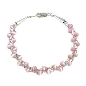Pink Cat’s Eye Double Strand Bead Bracelet | Estate | Sterling Silver |  7.25"